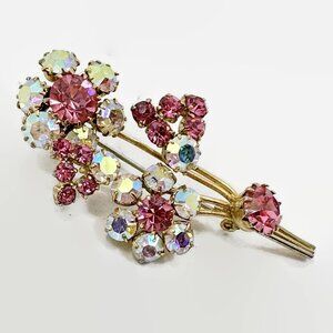 Flower Brooch, Pink, AB, Rhinestones, Gold Tone, 50s, 60s, Vintage, Clear